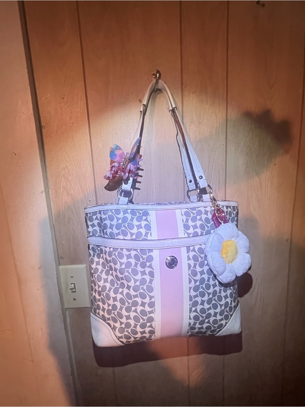Coach Pink and Gray Signature Tote with Floral Charm